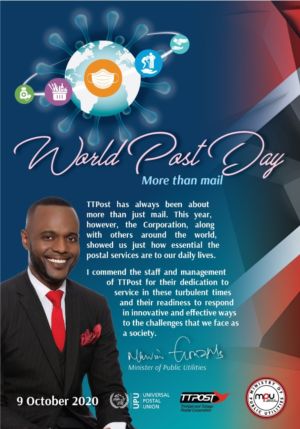 The Honourable Marvin Gonzales Minister Of Public Utilities World Post Day Message