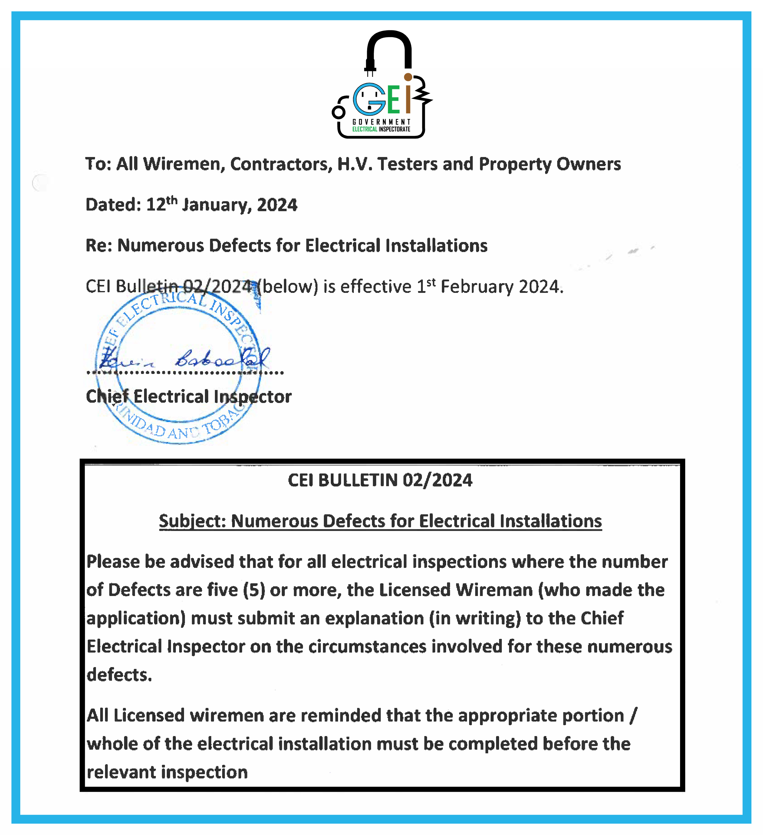 CEI Bulletin Numerous Defects for Electrical Installations The